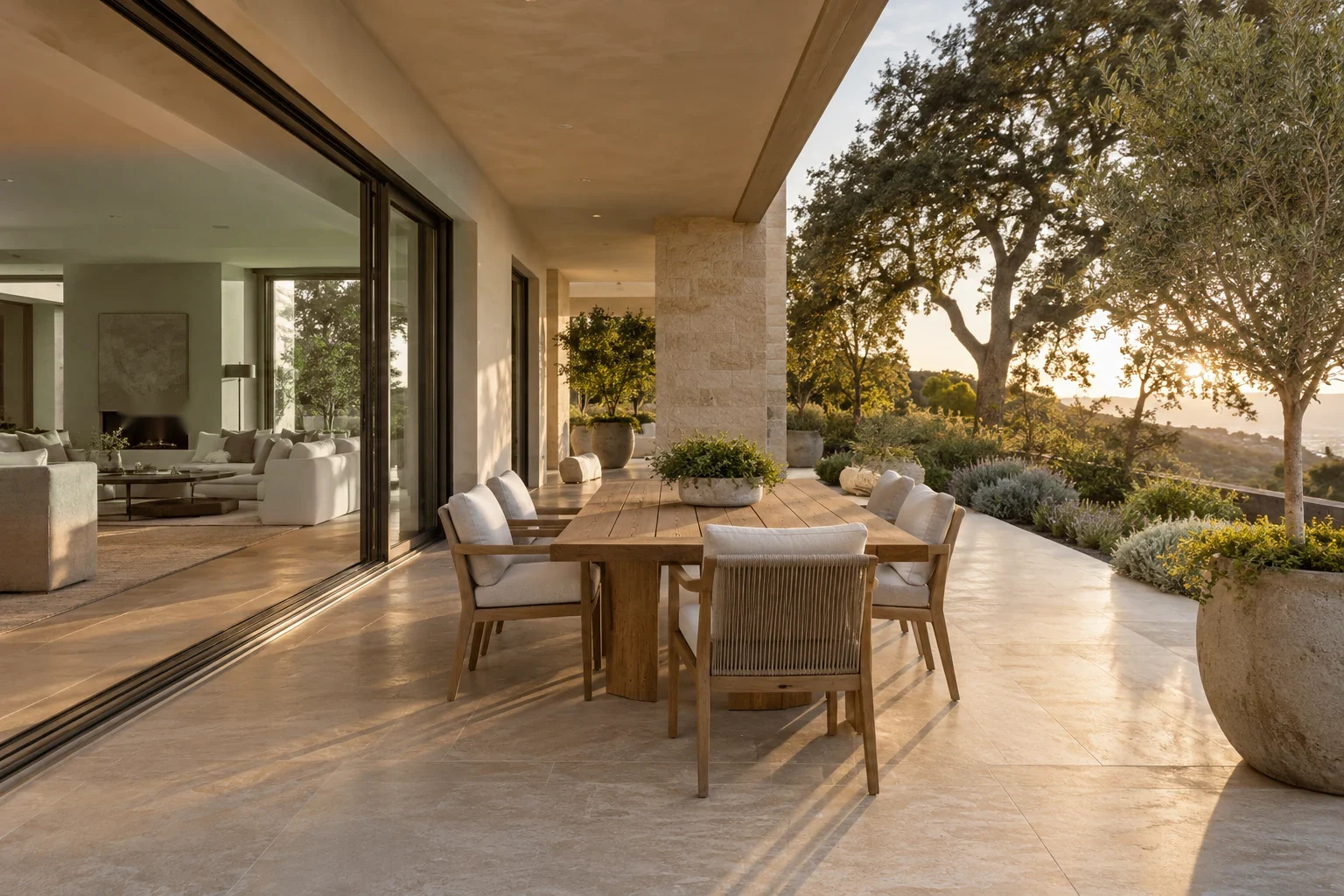 California exterior renovation design reference with garden-facing doors and a natural stone terrace