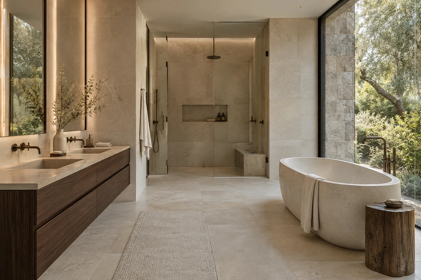 Illustrative limestone bathroom with a walnut double vanity, bronze fittings, glass shower and freestanding bath