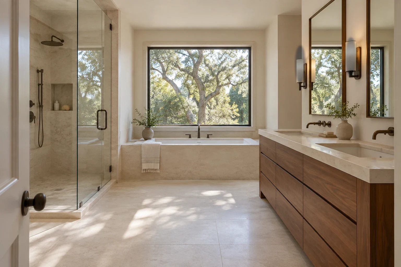 Bathroom remodeling design reference with a glass shower and natural stone finishes