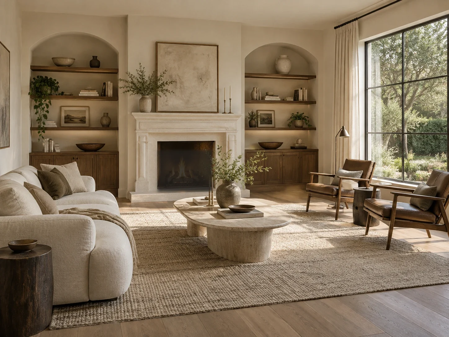 Warm California living room with natural stone finishes and daylight through tall windows